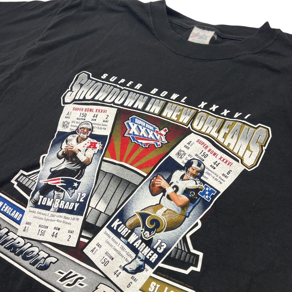 Majestic Vintage 2002 Super Bowl New Orleans XXXVI 36 Patriots Rams T-Shirt 2XL